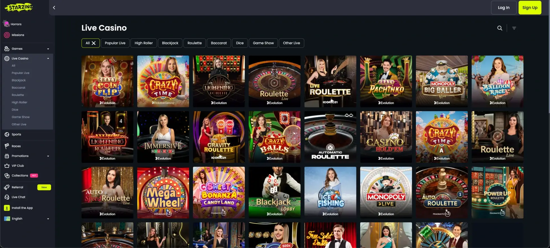Live Casino met roulette en spelshows bij Starzino