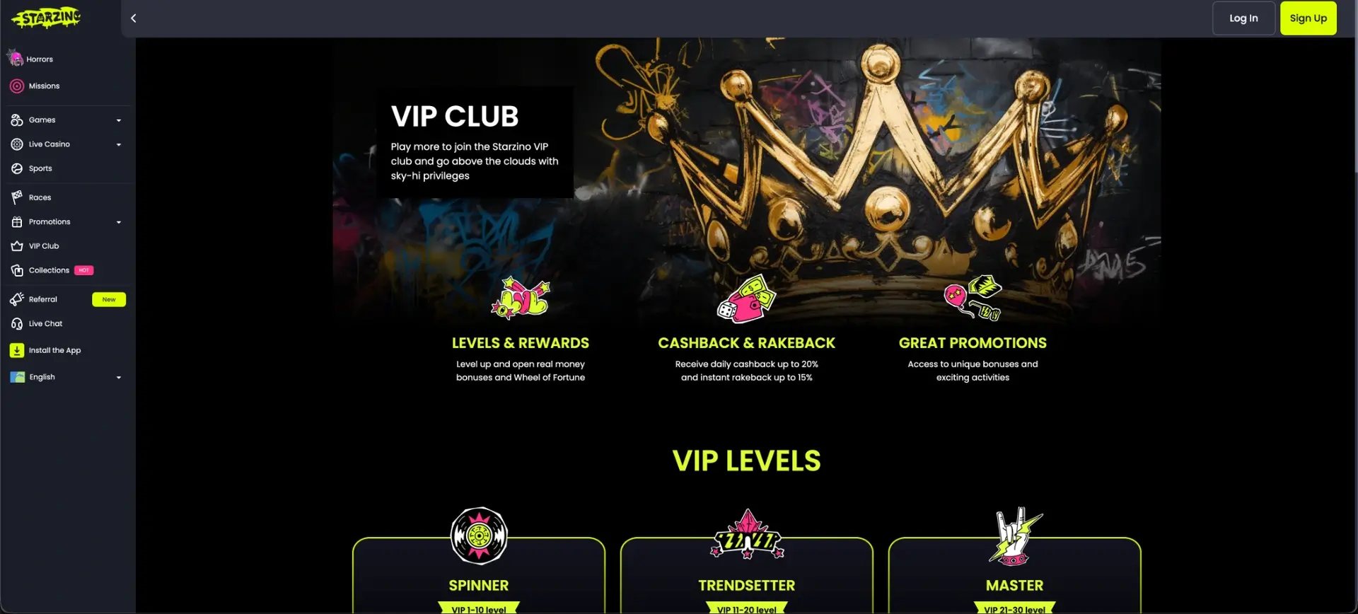 Starzino VIP Club met levels en beloningen