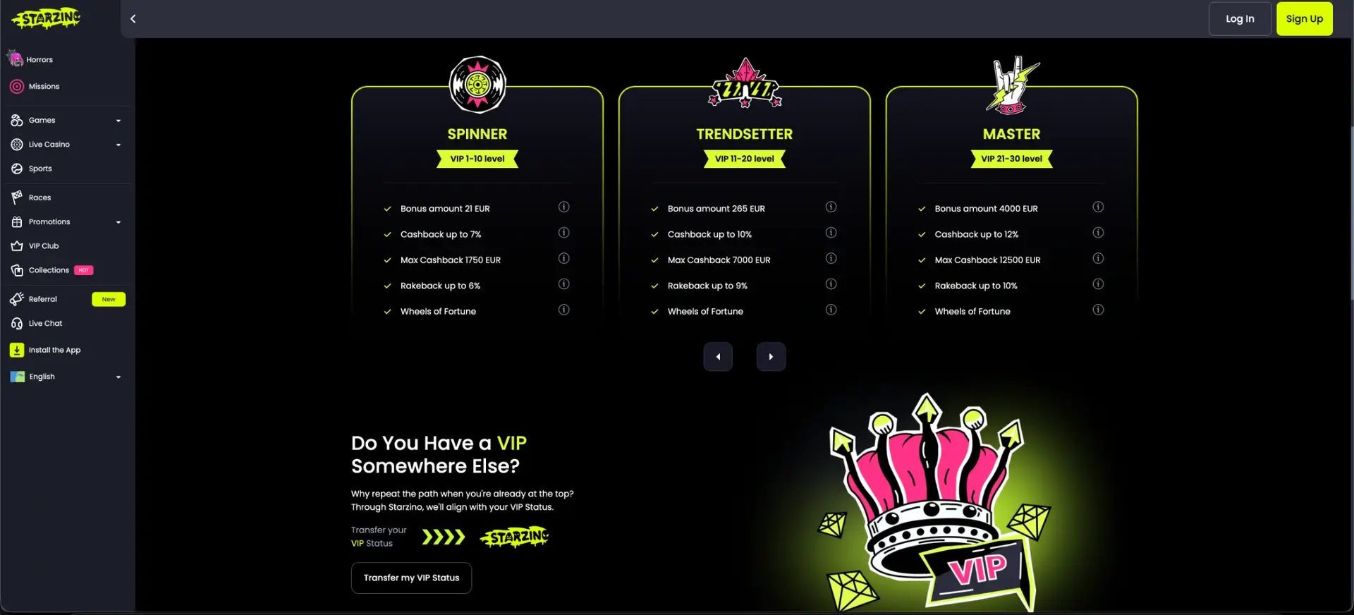 Starzino VIP-levels Spinner, Trendsetter en Master